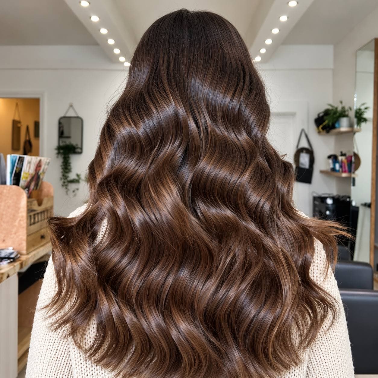 Long chestnut hair with soft waves, coloured at Image London