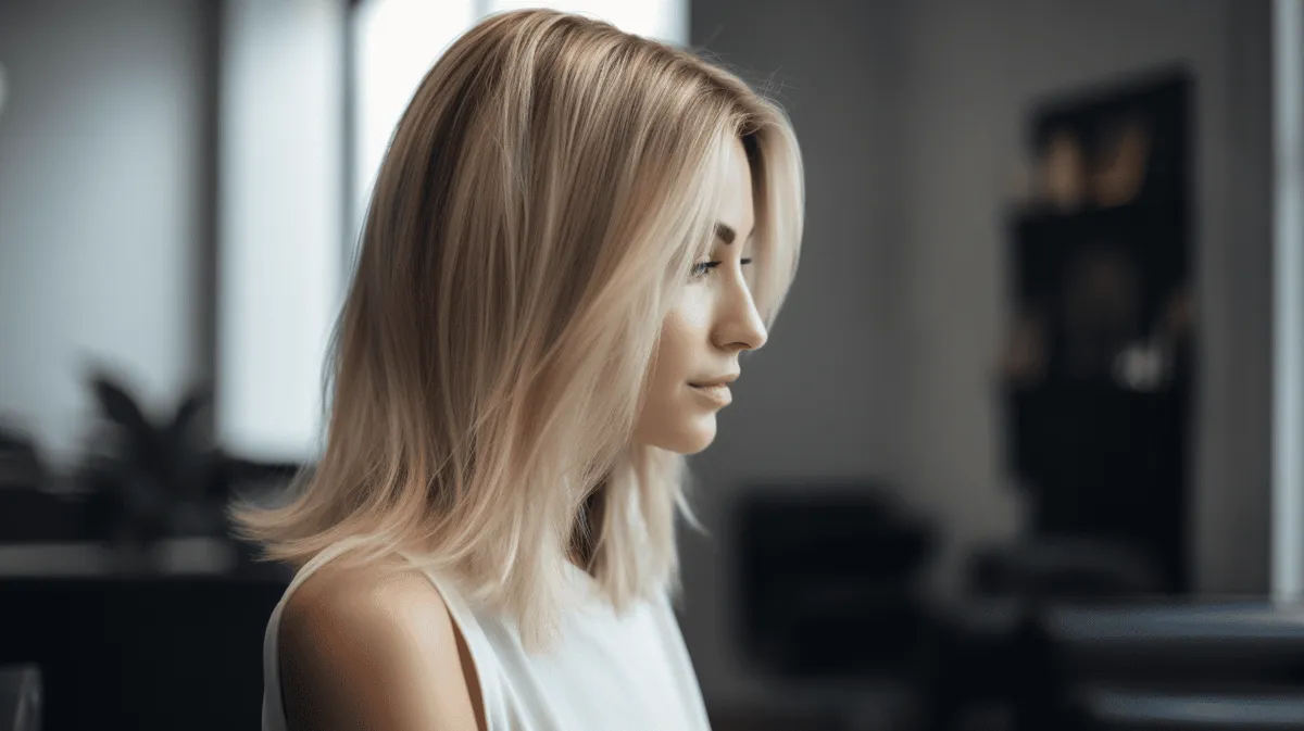 Side-profile close-up of a woman with shoulder-length blonde highlighted hair, seated in a bright, airy salon chair with the modern salon interior softly blurred in the background.
