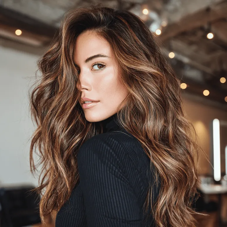 Woman with rich caramel, honey and chestnut balayage at Image London
