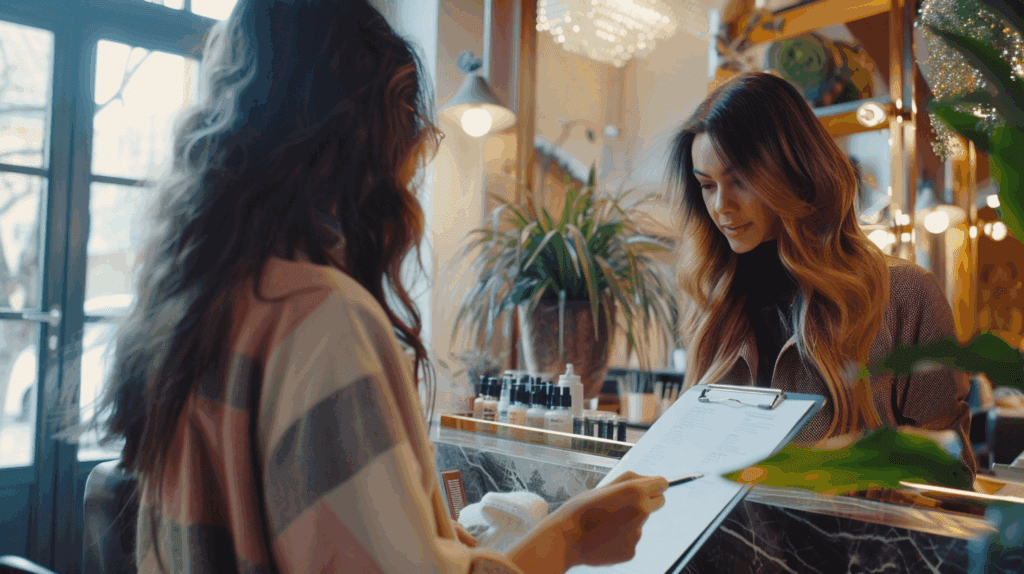 Image of a client and hairstylist making key Considerations When Selecting their hair Extensions